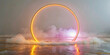 © Anuyj - The neon light circle portal is illuminated with a glow. It features a spark flare frame with a flame effect. An abstract radiant luminous swirl design in red and gold is formed in the background.