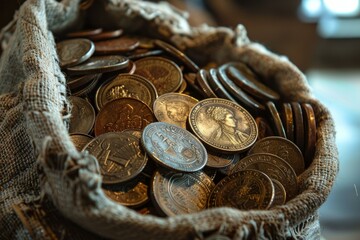 Old worn canvas bag overflowing with collectible old european coins