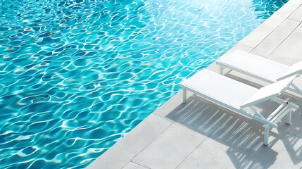 White blue sunbed by pool with light blue water at sunny day