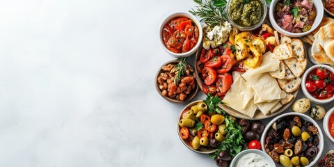 Wall Mural - A vibrant assortment of Mediterranean dishes, featuring olives, hummus, roasted vegetables, and fresh herbs on a light background.