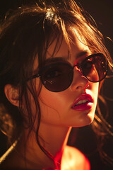 Wall Mural - A woman wearing a pair of black sunglasses and a red dress