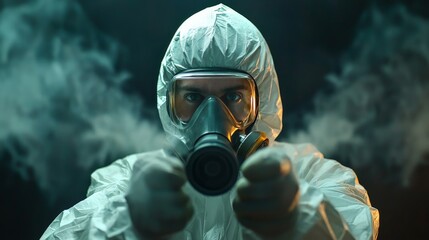 Pest control technician wearing a white protective suit and respirator mask, carefully spraying poisonous gas to eliminate pests, with the toxic fumes spreading in the air