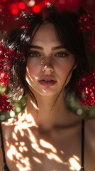 Wall Mural - A woman with a wreath of red flowers on her head