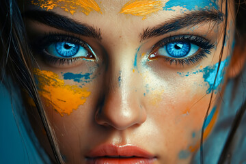 Canvas Print - A woman with blue eyes and yellow paint on her face