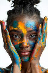 Sticker - A woman with colorful paint on her face and hands