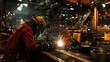 © putri syakilla - A worker welding in an industrial setting, surrounded by equipment and sparks.
