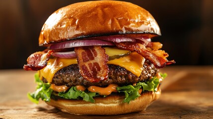 Wall Mural - A cheeseburger with bacon and onion on a toasted bun.