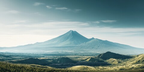 Majestic mountain landscape with a volcanic peak surrounded by lush hills and a serene sky, perfect for nature lovers and adventurers.