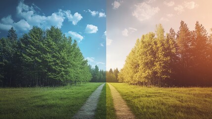 A split image of a path leading into a forest, with a blue sky on one side and a golden sunset on the other.