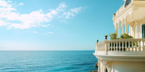 Wall Mural - Stunning view of a coastal villa overlooking the tranquil blue sea under a clear sky, perfect for serene escape and relaxation.