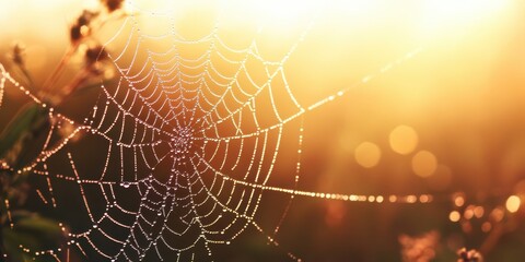 A close-up of a spider web glistening in the sunlight, showcasing intricate details and a magical bokeh background.
