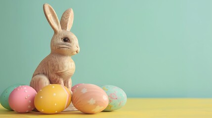 Wooden based easter bunny with colorful easter eggs isolated on colorful background