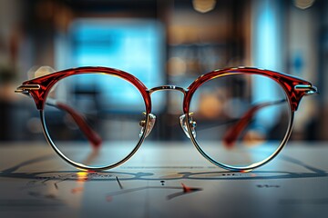 A pair of red glasses with a gold frame sits on a table