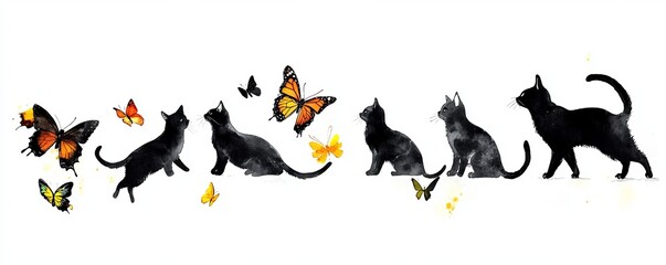 Wall Mural - This seamless border stripe features cats and butterflies in watercolor.