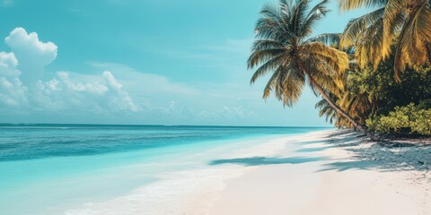 Wall Mural - a serene tropical beach with crystal-clear water, white sand, and swaying palm trees under a bright 