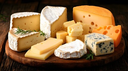 A selection of different cheese types on a patterned board featuring cheese slices and cubes