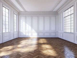 An empty white interior with wall panels and wooden flooring in a classic style.