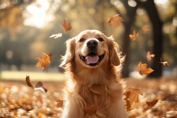 Wall Mural - Golden Retriever dog playing in the autumn leaves at the park leaf retriever golden.