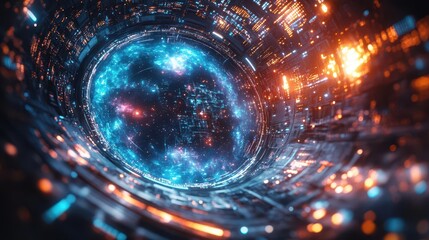 Wall Mural - cosmic nebula swirling with vibrant blues and purples distant stars twinkling holographic interface elements floating in foreground