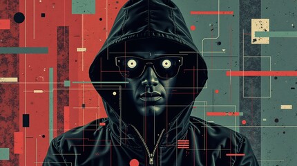 Cyber crime concept. Minimalist print style collage poster, Abstract grunge backdrop, hacker man, Retro futuristic graphic design style.