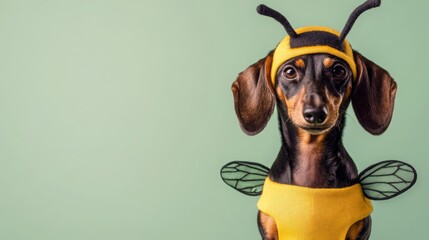 a brown and black dachshund is wearing a yellow and black bee costume with wings. it is looking at t