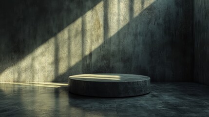 Poster - A large, round concrete slab sits in a room with a window