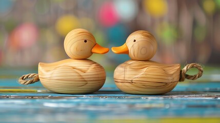 Wooden toy ducks a kids toy to pull around isolated on colorful background