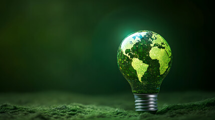 Wall Mural - Renewable Energy.Environmental protection, renewable, sustainable energy sources. Green world map on the light bulb on green background .green energy. Renewable energy is important to the world