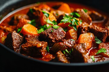 Close-up of a hearty Hungarian goulash rich with beef chunks, potatoes, carrots, and paprika in a savory broth