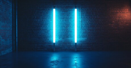 Poster - Three dimensional rendering of a brick wall illuminated by neon blue light. Abstract background. Light effect on the protruding surface.