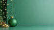 © M - Green Christmas ornament with golden accents beside pinecones and festive decorations on a textured teal background