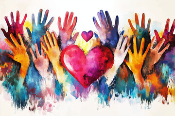 Group of Diverse People Raising Hands Toward Hand-Painted Hearts – Charity, Volunteer Work, and Multicultural Support