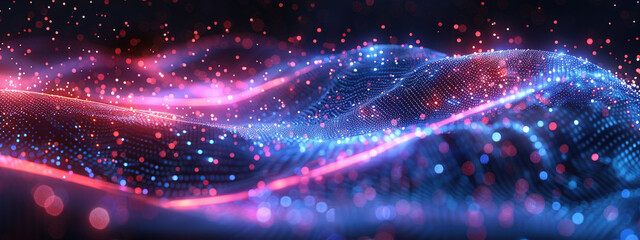 Wall Mural - A Wave of Glowing Neon Particles Moving in a Futuristic Design, Representing the Flow of Data in a High-Tech World