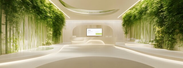 Design an interior space with white walls, green plants, and bamboo.