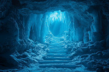Wall Mural - a stunning ice cave with glistening, crystalline formations and a surreal blue glow, evoking a sense