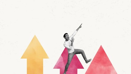 Wall Mural - Motion collage of excited person man on flying up arrows launching new business chance