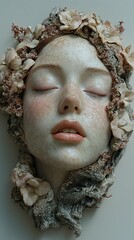 Wall Mural - Close Up Portrait Sculpture of a Woman with Flowers