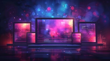 Cross platform website, app design development on laptop, phone, tablet. Technology of create software, code of mobile applications. Programming responsive layout of graphic interface, ui, ux concept.