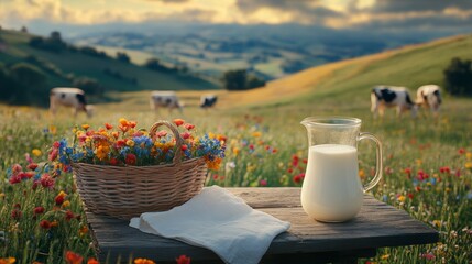 Glass and Jug of Milk on a Wooden Table with Colorful Field Flowers