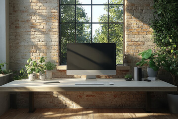 Wall Mural - a minimalist desk with just a sleek monitor and a clean, white surface, emphasizing the streamlined 