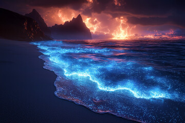 Wall Mural - a mesmerizing image of a glowing, bioluminescent beach with waves illuminated by natural light, crea
