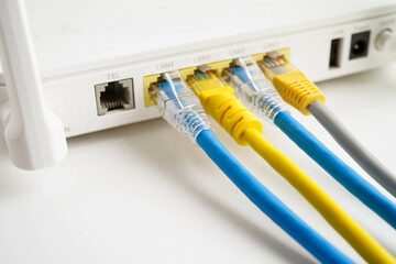 Ethernet cable with wireless router connect to internet service provider network.