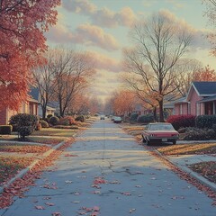 Sticker - Autumn Street Scene: Tranquil Suburban Landscape