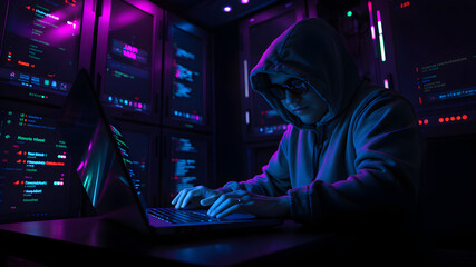 Coding, overlay and hacker on laptop in dark for programming, malware and information technology. Cybersecurity, user interface and person with computer for online crime, fraud and website virus