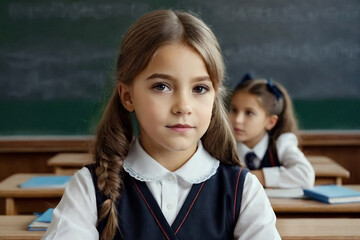 Portrait of first grader girl in school uniform at blackboard in classroom, thought looking at camera. Cute child schoolgirl posing indoors. School learning, education concept. Copy ad text space