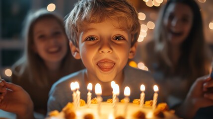 Poster - A young boy blows out candles on his birthday cake.