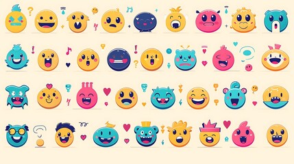 An emoji design set featuring expressive faces and symbols, perfect for use in messaging apps and digital communication. The emojis are displayed in a grid format, each with a clear and playful 