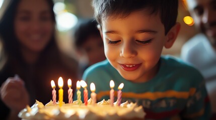 Wall Mural - A young boy with frosting on his face about to blow out the candles on his birthday cake.