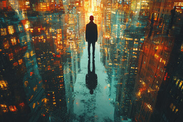 Wall Mural - a bustling cityscape where one person's shadow on the ground is fractured and fragmented, symbolizin