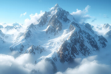 Sticker - A breathtaking view of a towering mountain range covered in snow, with clouds rolling over the peaks, inspiring a sense of grandeur and amazement.